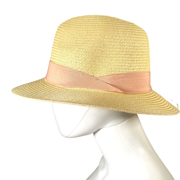 H&M straw raffia fedora hat women’s crème and pink - Picture 1 of 12